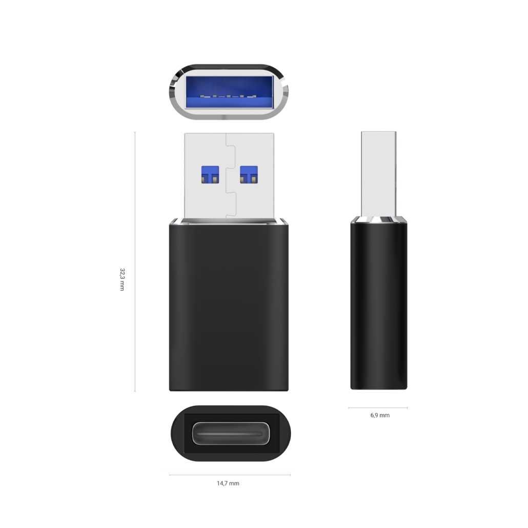 Adaptador Mini USB 3.2 Gen2 / USB 2.0 3A, Tipo USB-C/HA/M, Preto