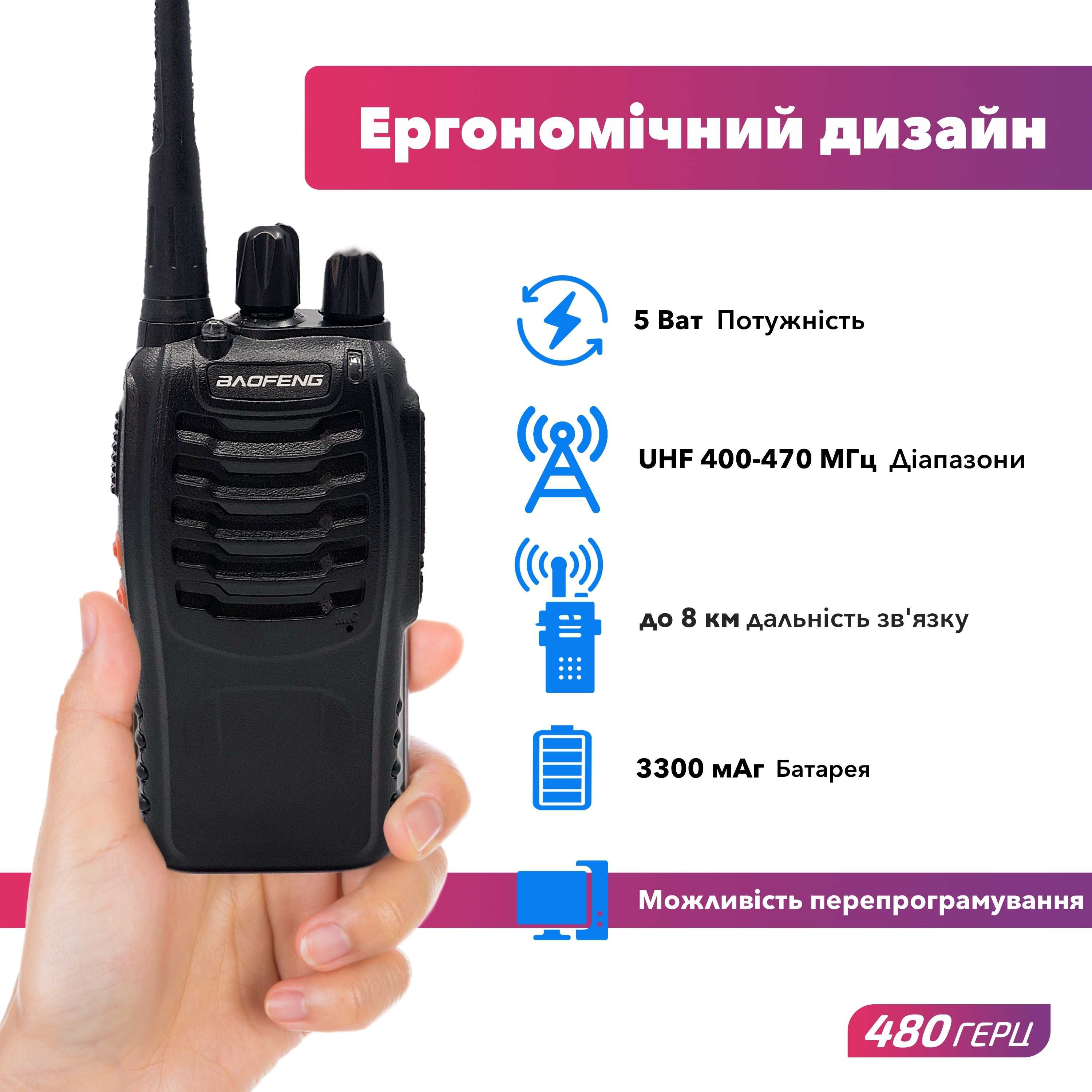 Портативна Рація Baofeng BF-888S комплект 2 шт., UHF, 5 Вт, 1500 мАч