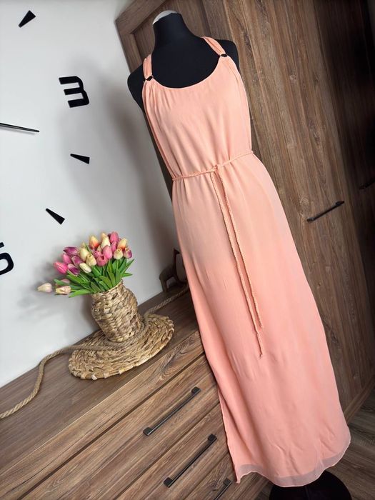 Damska długa sukienka booho morelowa Massimo Dutti