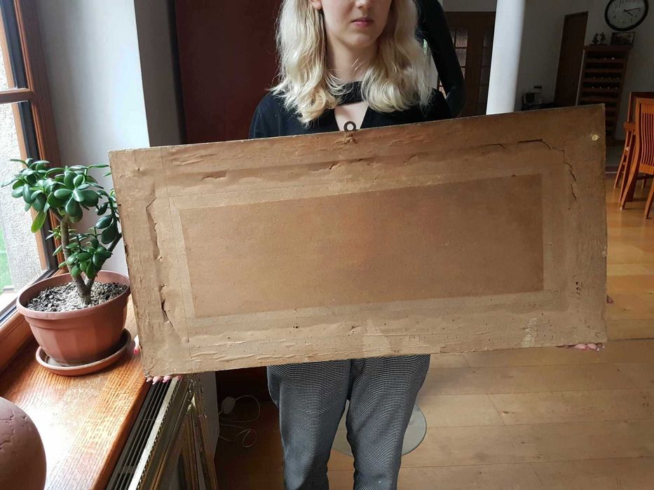 Obraz stara reprodukcja JEZUS NA ŁODZI w złotej ramie za szybą 86x43cm