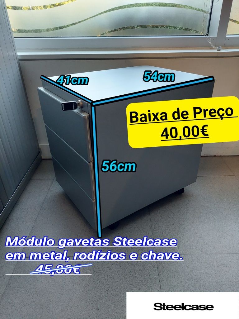 Módulo / Bloco gaveta secretária Steelcase com chave