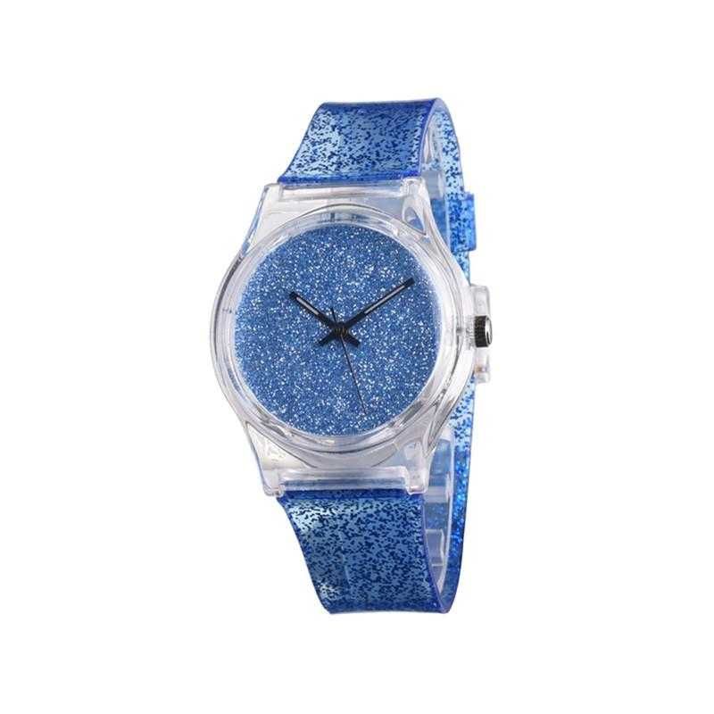 Прозрачные с голубыми блестками кварцевые наручные часы