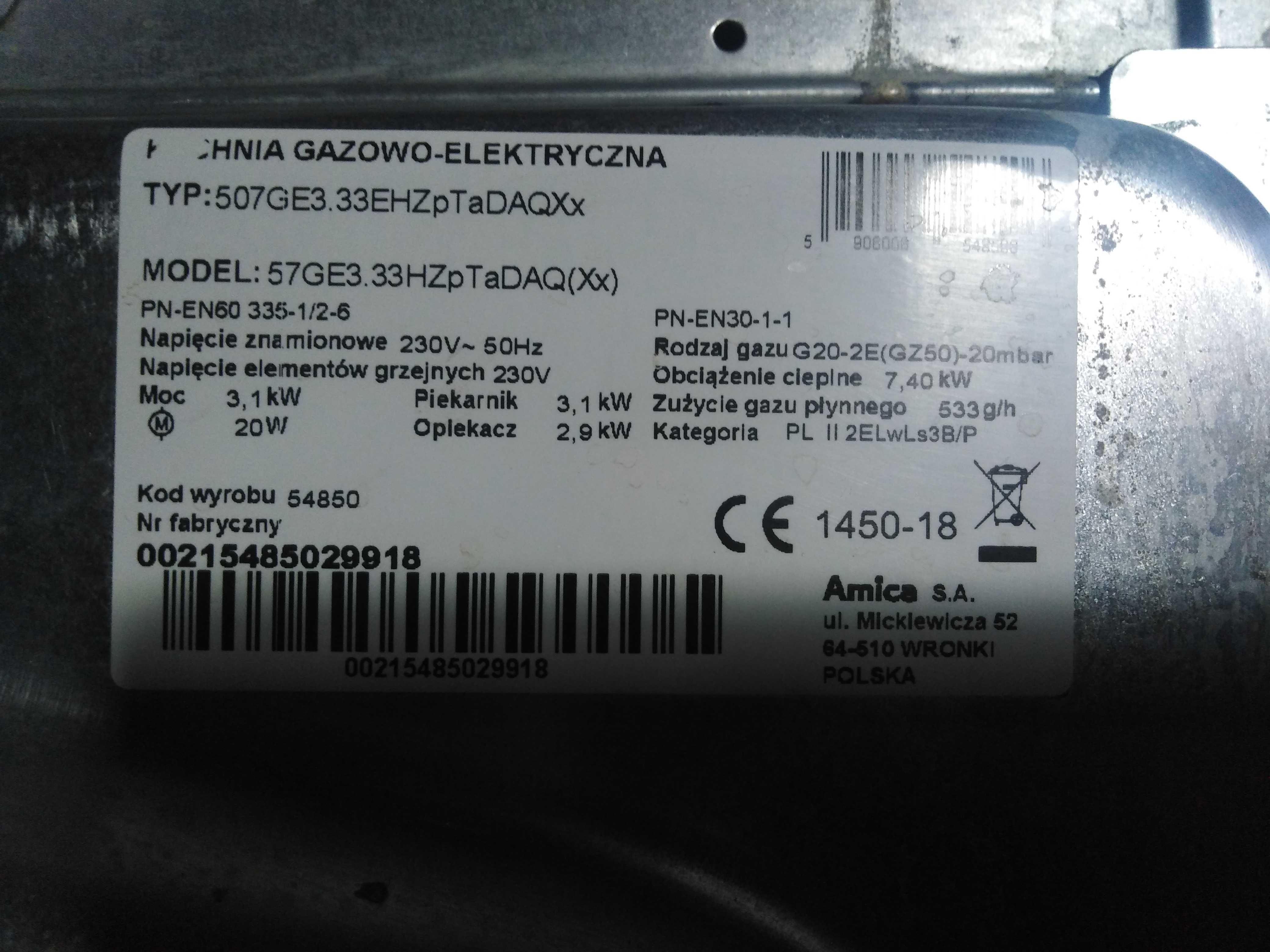 Piec gazowo - elektryczny Amica  model 57GE3.33HZpTaDAQ(Xx)