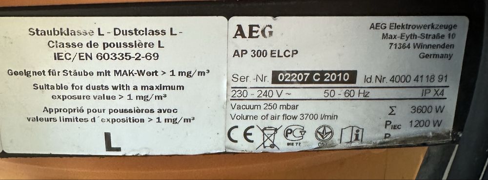 Odkurzacz przemysłowy Aeg AP 300 ELCP 1500W Polecam