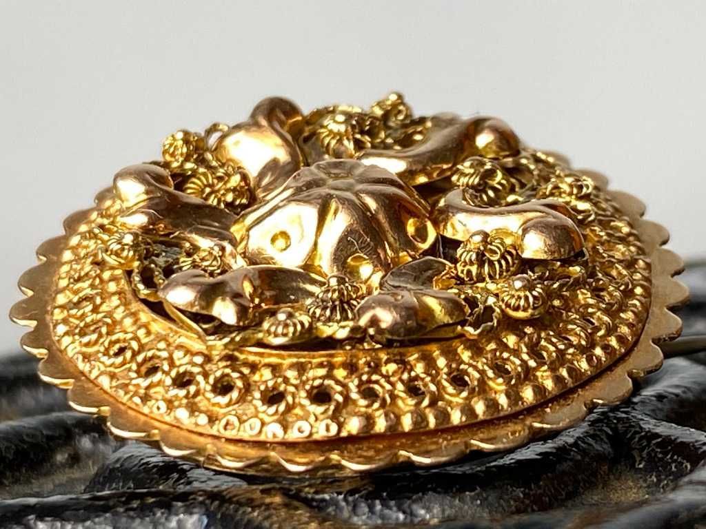 Antyczna XIX w. Złota 14K Broszka Cannetille
