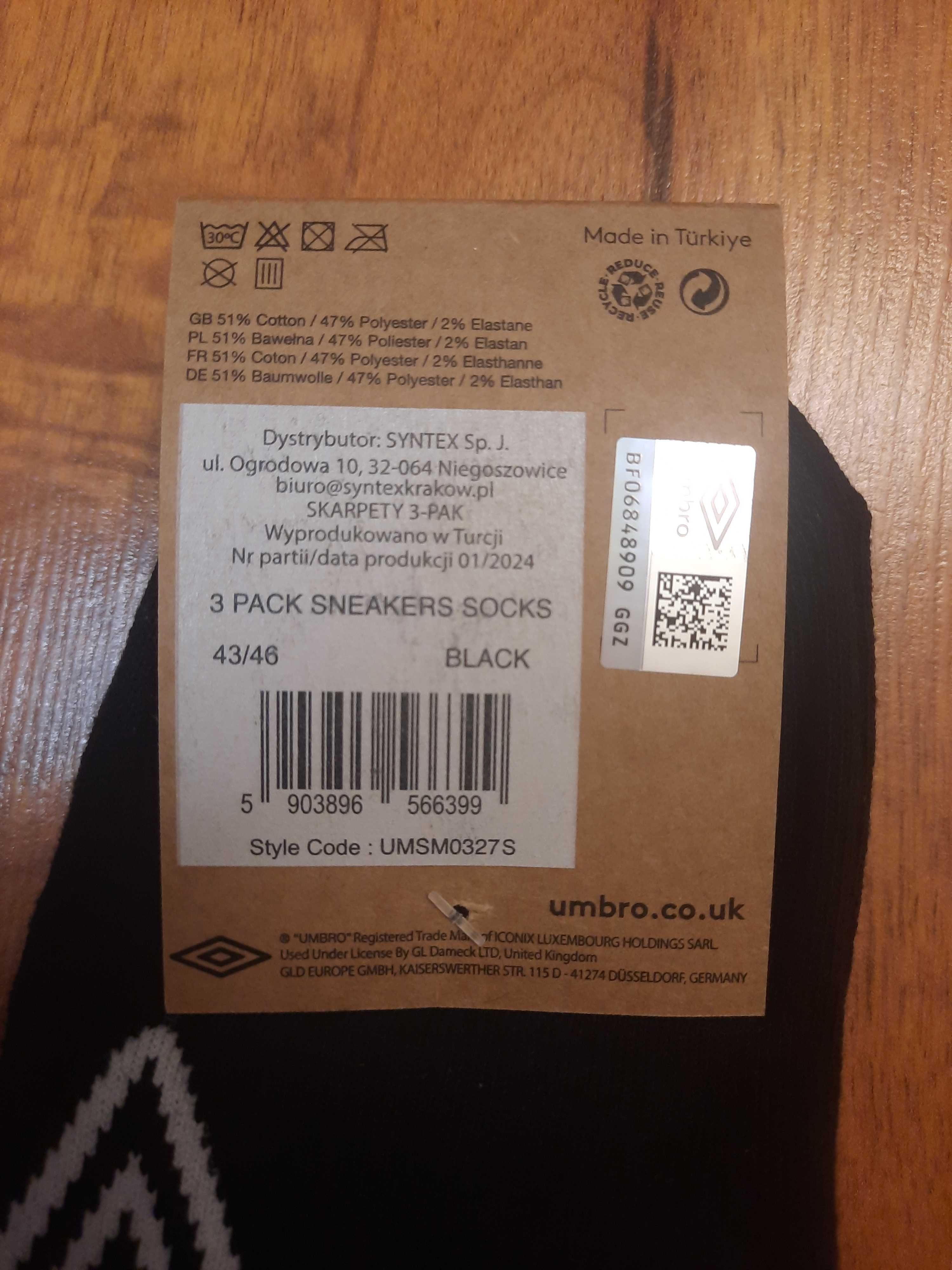 Skarpetki bawełniane czarne stopki skarpety sneaker Umbro 43 46