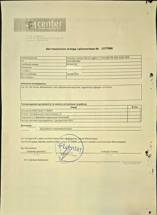 На запчастини ноутбук Lenovo Legion 5 15ACH6H (82JU0065RM)