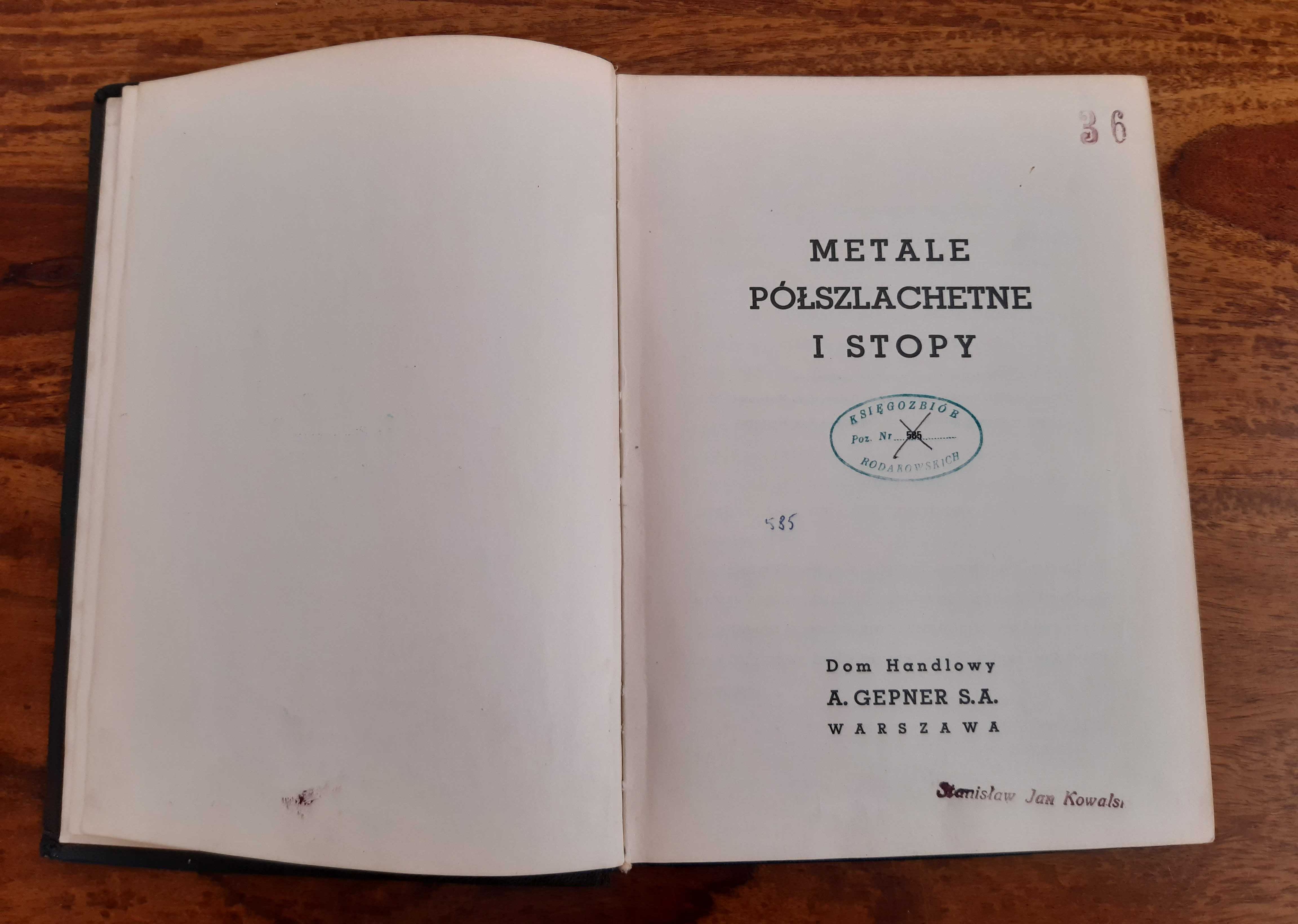 Książka z 1938 r. Metale półszlachetne i stopy. Dom Handlowy A. Gepner