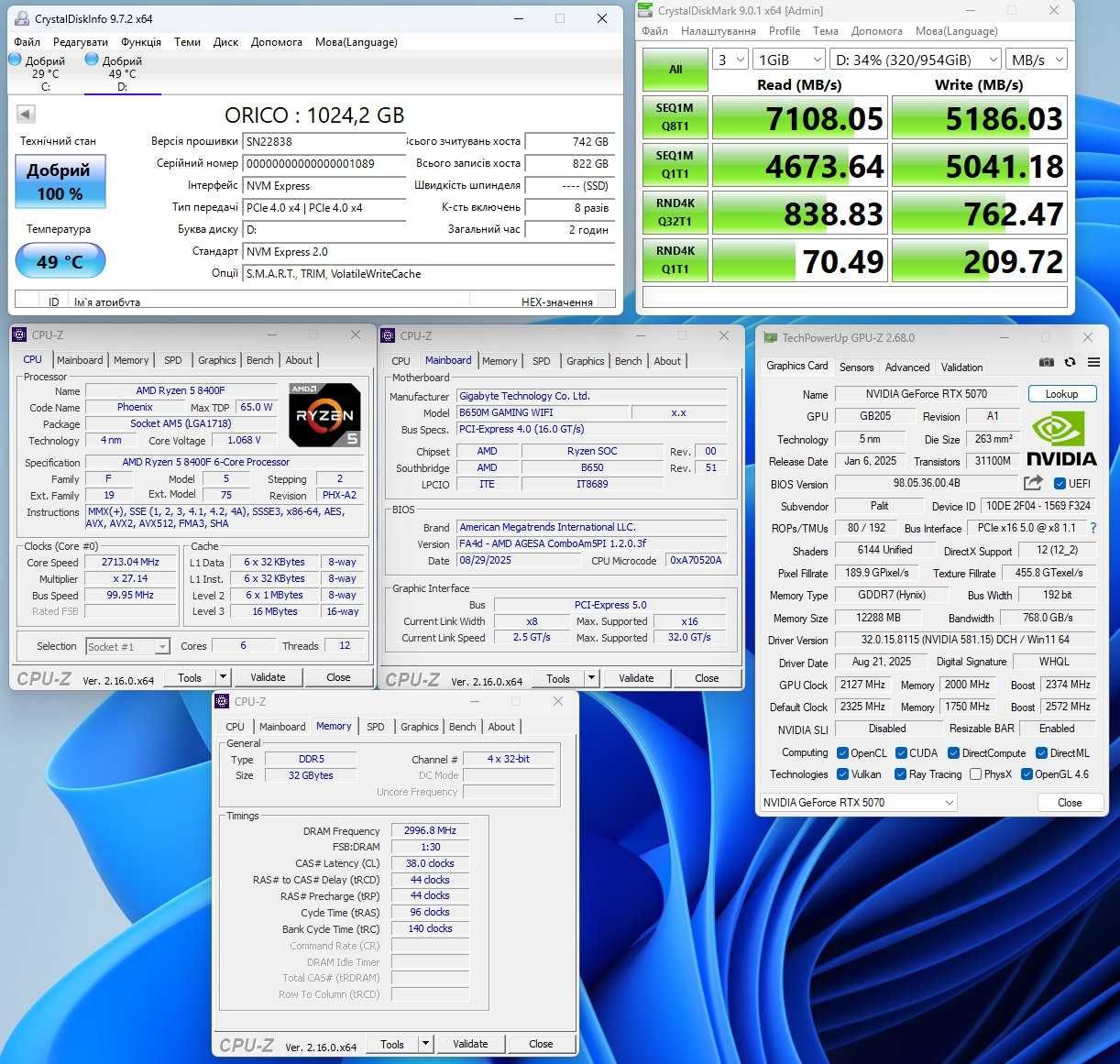 ПК Ryzen 8400F/B650M/32GB DDR5/RTX5070/1TB+240GB SSD/850W