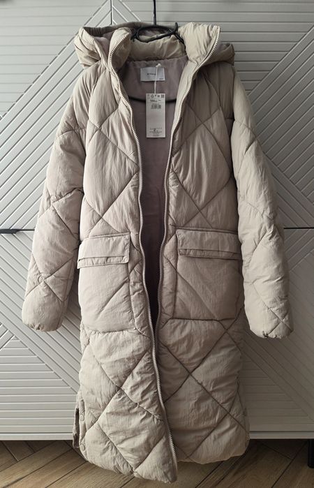 Płaszcz zimowy kurtka parka długa 32/34 xxs/xs beżowa nowa