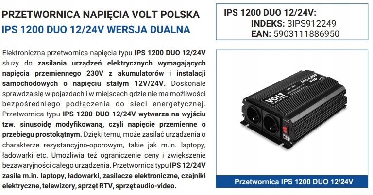 Przetwornica Ips-1200 Duo 12-24/230V (600/1200W)