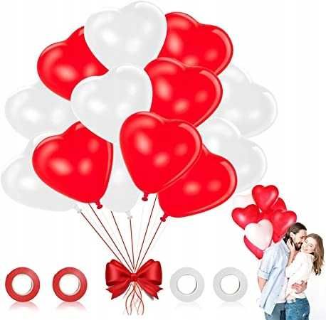 Balony na WALENTYNKI SERCA Zestaw 60 sztuk róż biały wstążki 30 cm