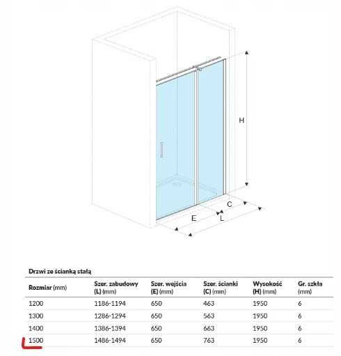 Ścianka st. + drzwi wahadłowe do kabiny prysznic. EXCELLENT MAZO 150cm