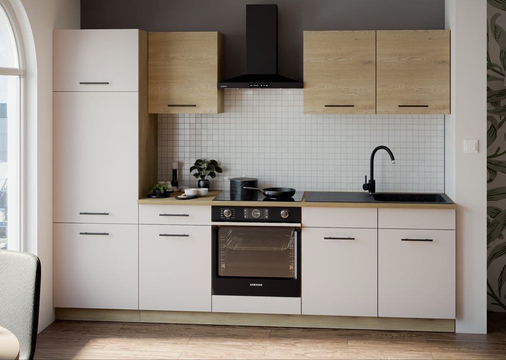Nowa kuchnia 270cm dąb cremona, kaszmir skrecona zestaw z blatem