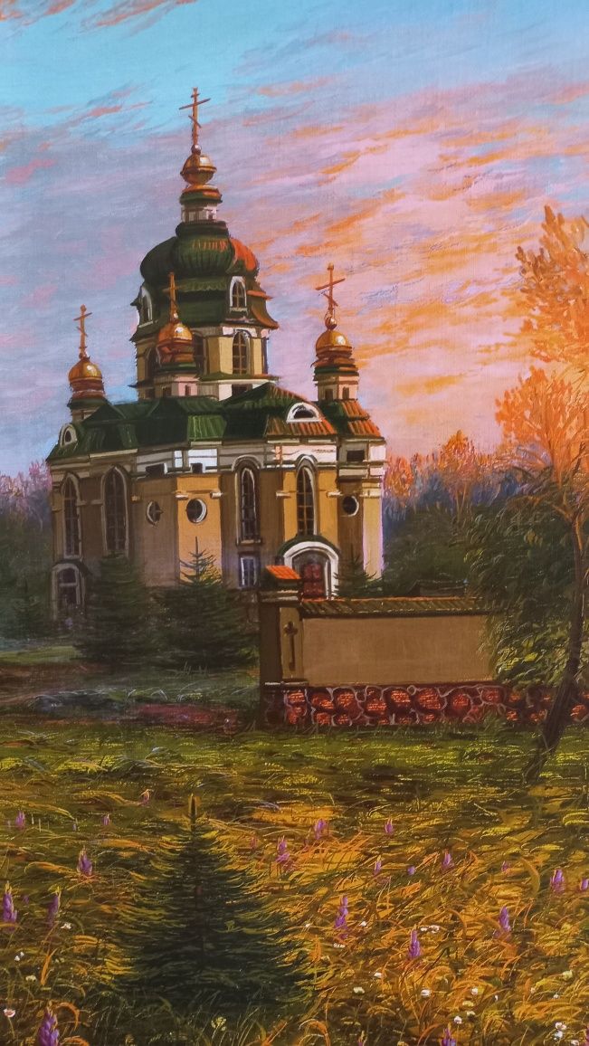 Картина пейзаж осени с берёзками и церковь в рамке