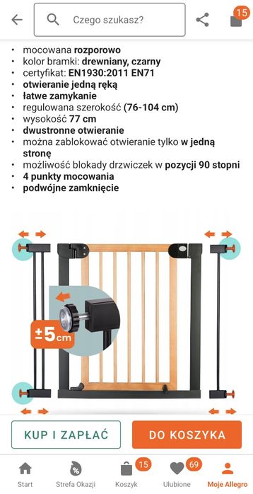 Bramka zabezpieczająca, szerokosc regulowana 74-106 cm