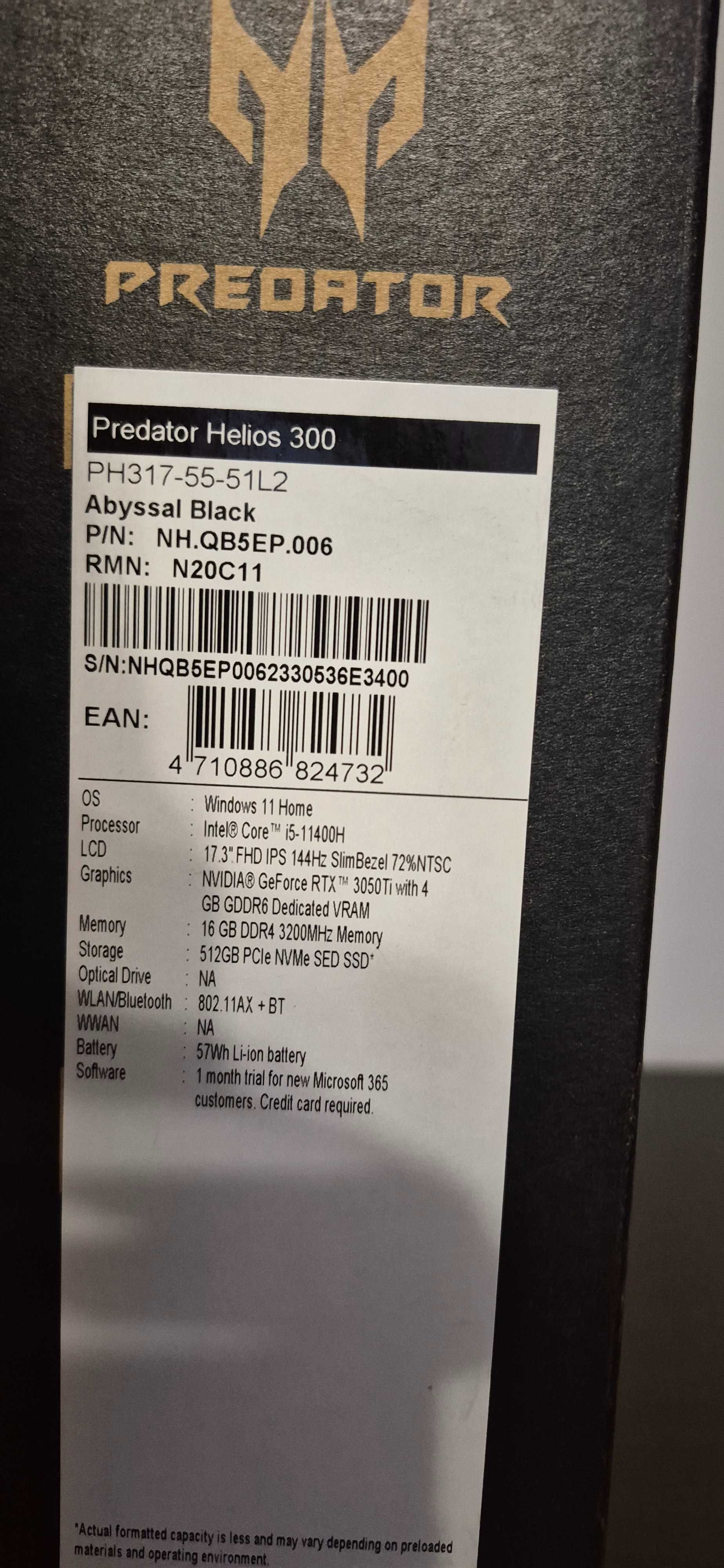 Acer Predator 17,3 144Hz i5-11400H 16GB RAM RTX3050Ti 512SSD Win 11