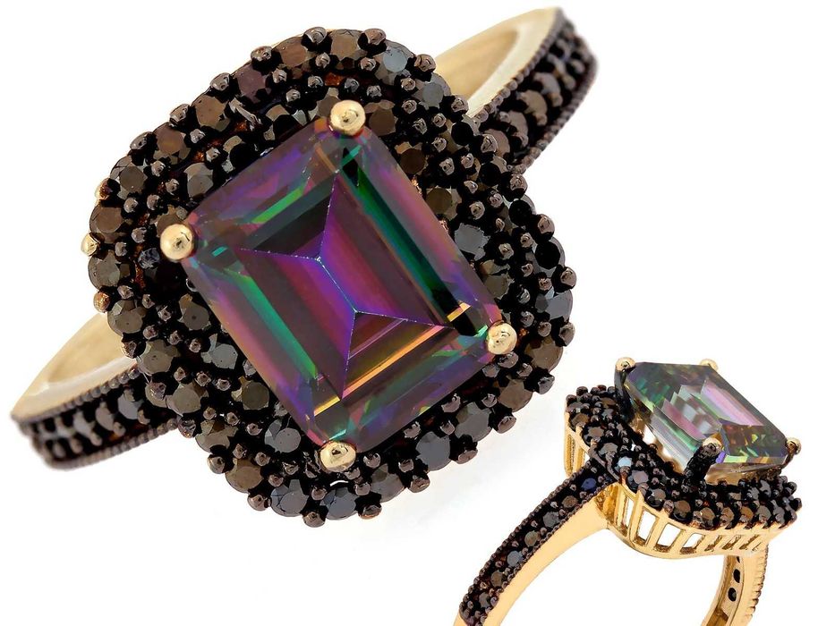 Pierścionek złoty z mistycznym topazem i czarnymi cyrkoniami PR 585