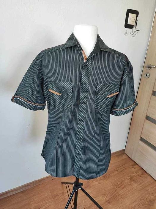 Koszula męska w paski, skórzane wstawki, krótki rękaw, r. l