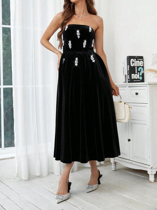 Sukienka Wieczorowa Welurowa Z Odkrytymi Ramionami Czarna Shein Xs 34