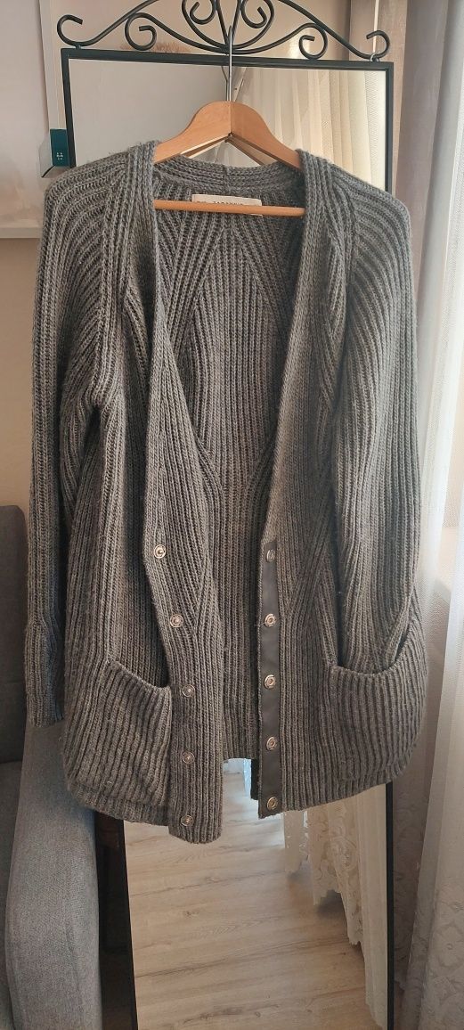 Ciemnoszary długi sweter oversize zapinany kardigan splot Zara Knit M