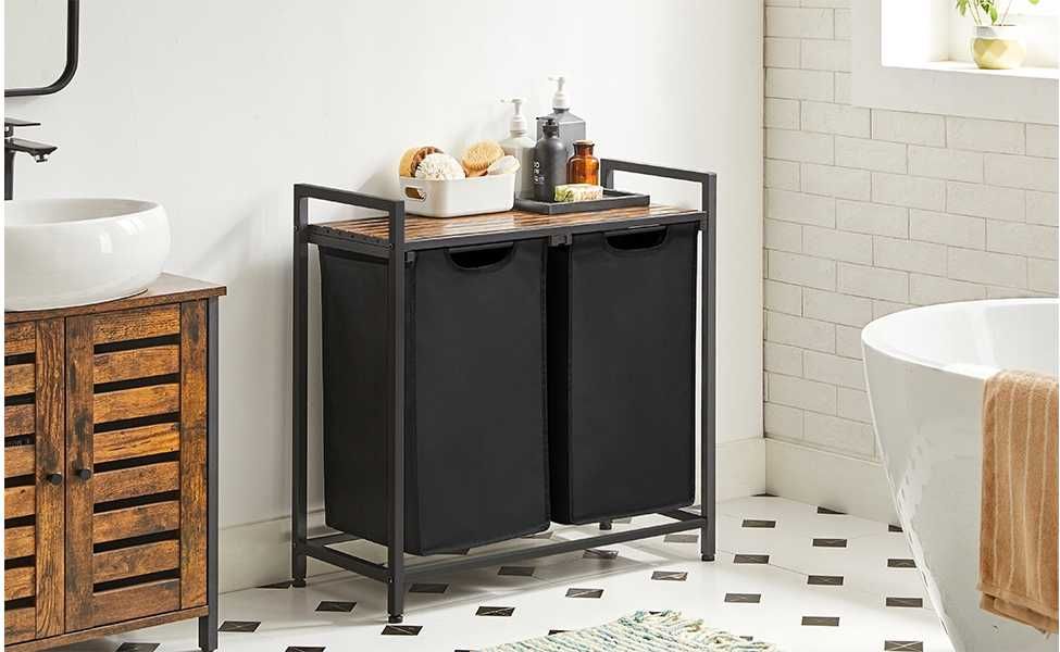 kosz na pranie z półką ,czarny,rustykalny brąz