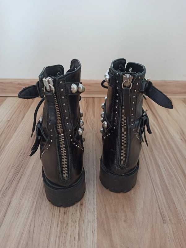 Skórzane botki z perełkami na suwak ZARA Basic r. 36