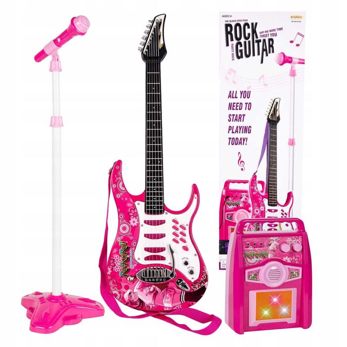 Gitara, statyw z mikrofonem oraz wzmacniacz