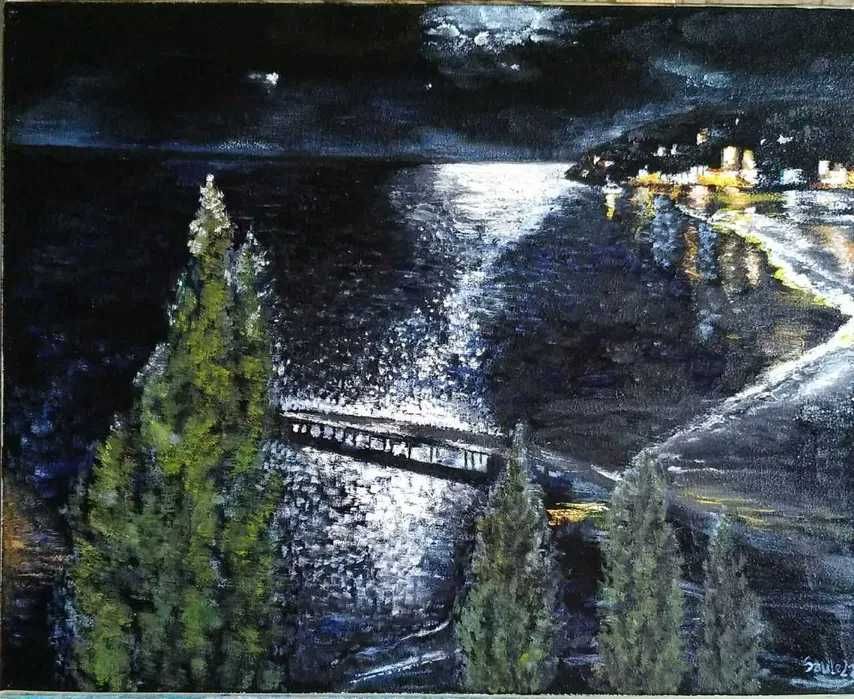 Картина масляными красками Море Волны Ночь Луна Лето Интерьер Пейзаж