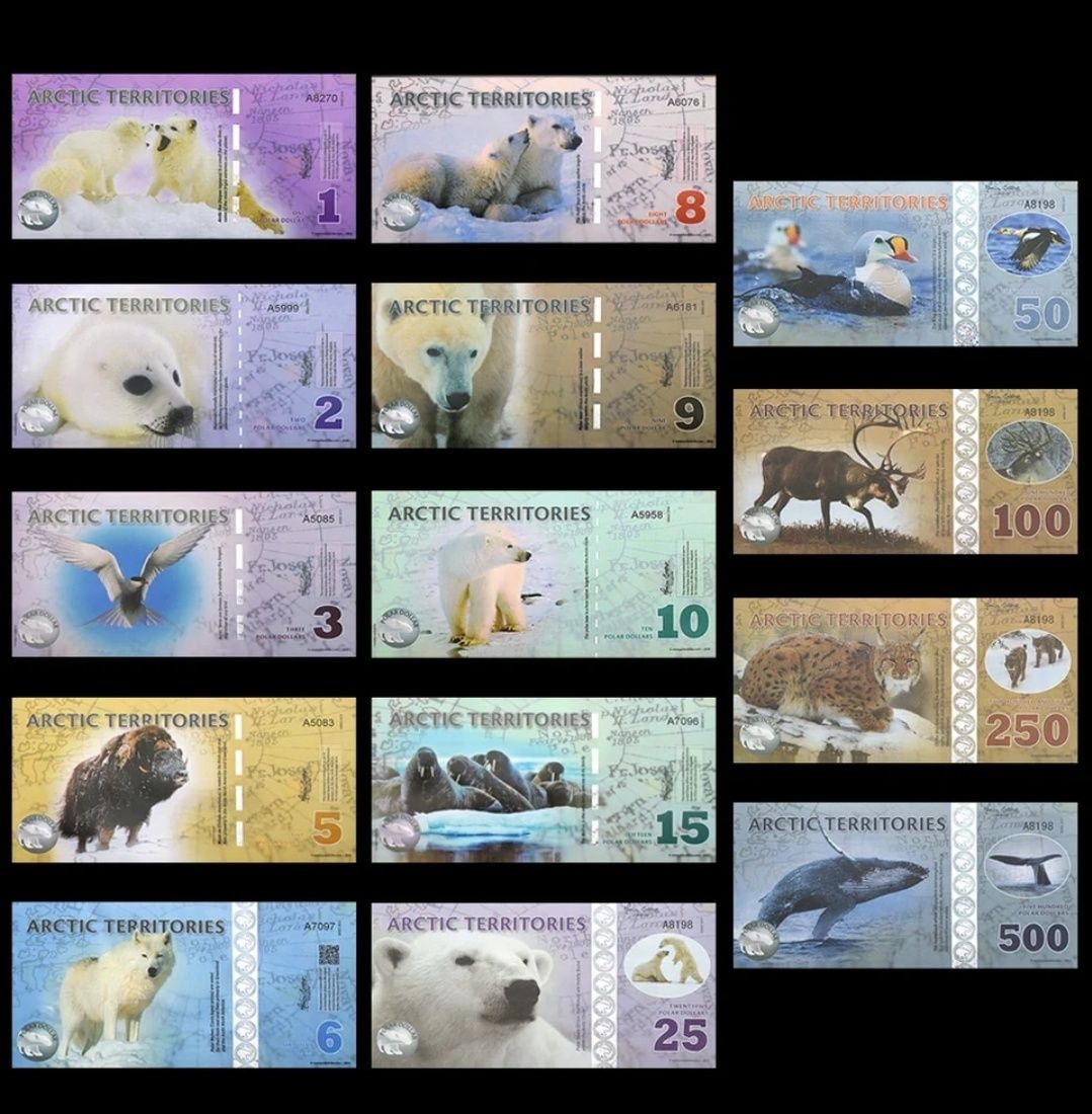 Banknoty dolary polarne, Arktyka Grenlandia 14szt komplet nowy banknot