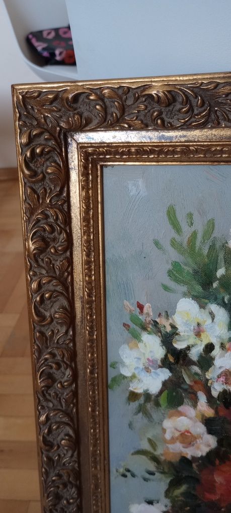 Piękny stary obraz kwiaty w wazonie sygnowany