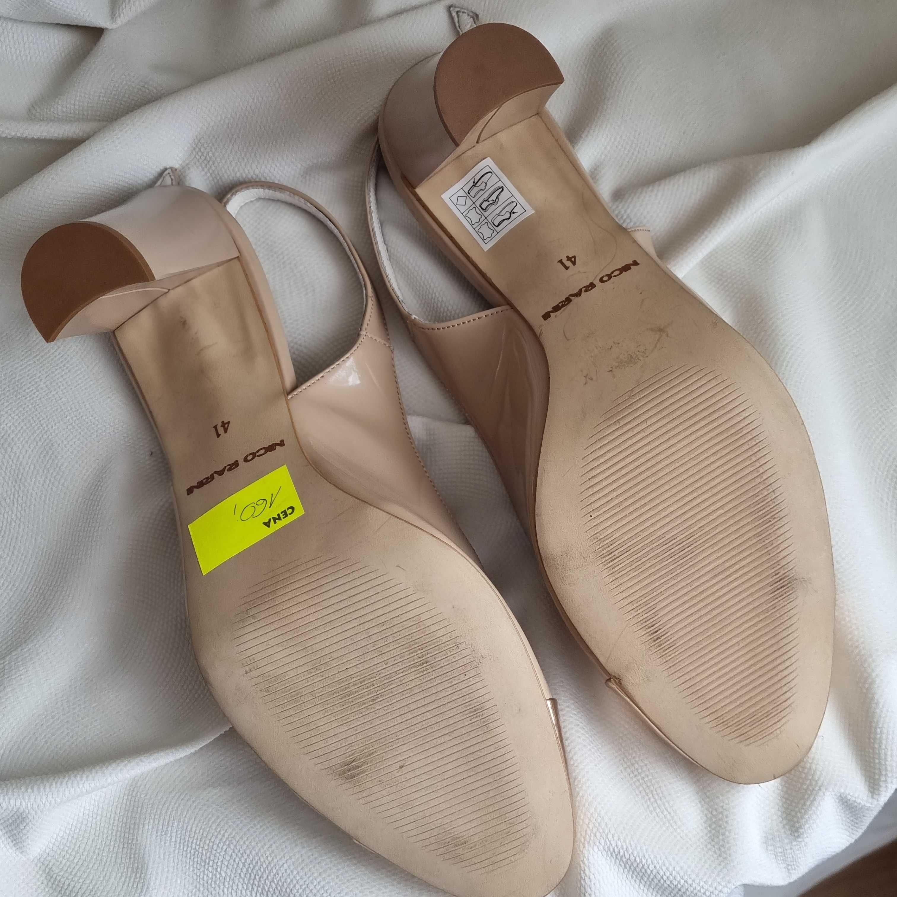 Damskie skórzane czółenka Nico Rarini typu sling back na słupku r. 41
