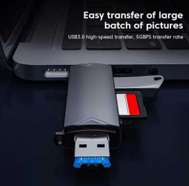 Картридер, размер 8,8х2,4х1,7 см, USB 3,0, Type-C, Micro USB и SD