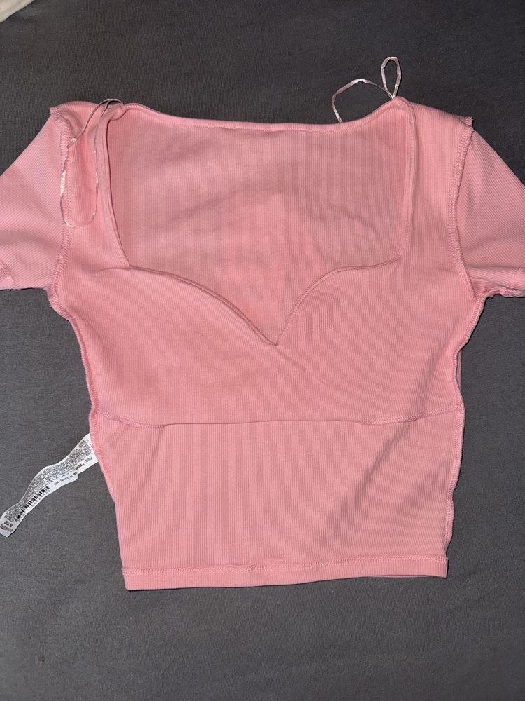 Zara różowy crop top do pasa w prążek głeboki dekolt serce M róż