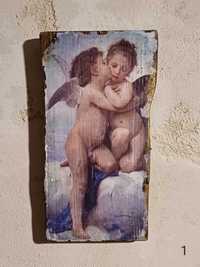 Obrazek aniołków na starej desce drewnianej (handmade)