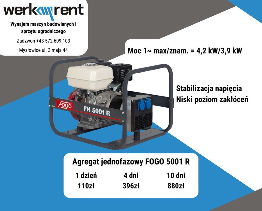 WYNAJEM Agregat prądotwórczy | Jednofazowy | Trójfazowy | WERKRENT