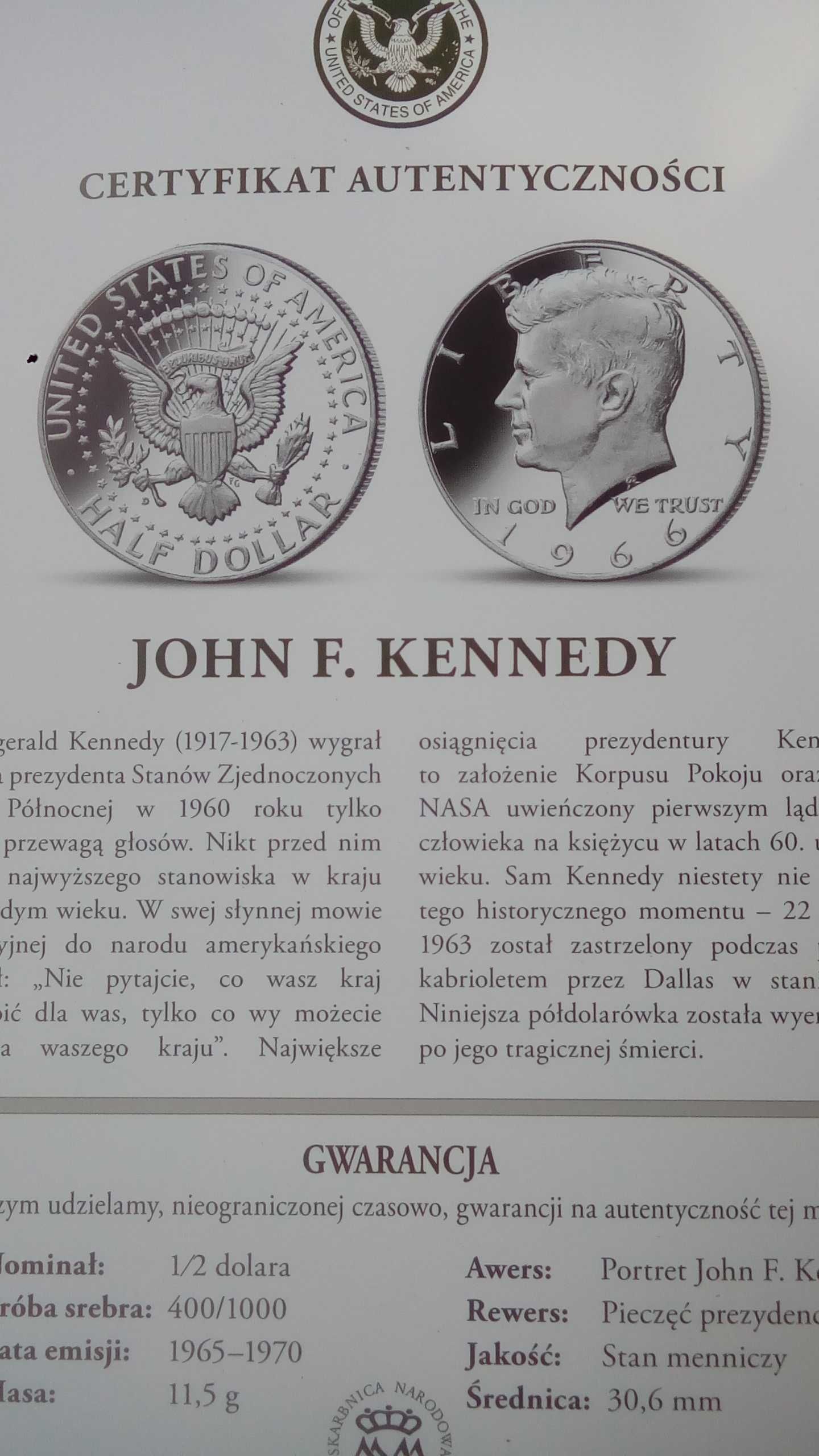 Moneta John F. Kennedy z certyfikatem.