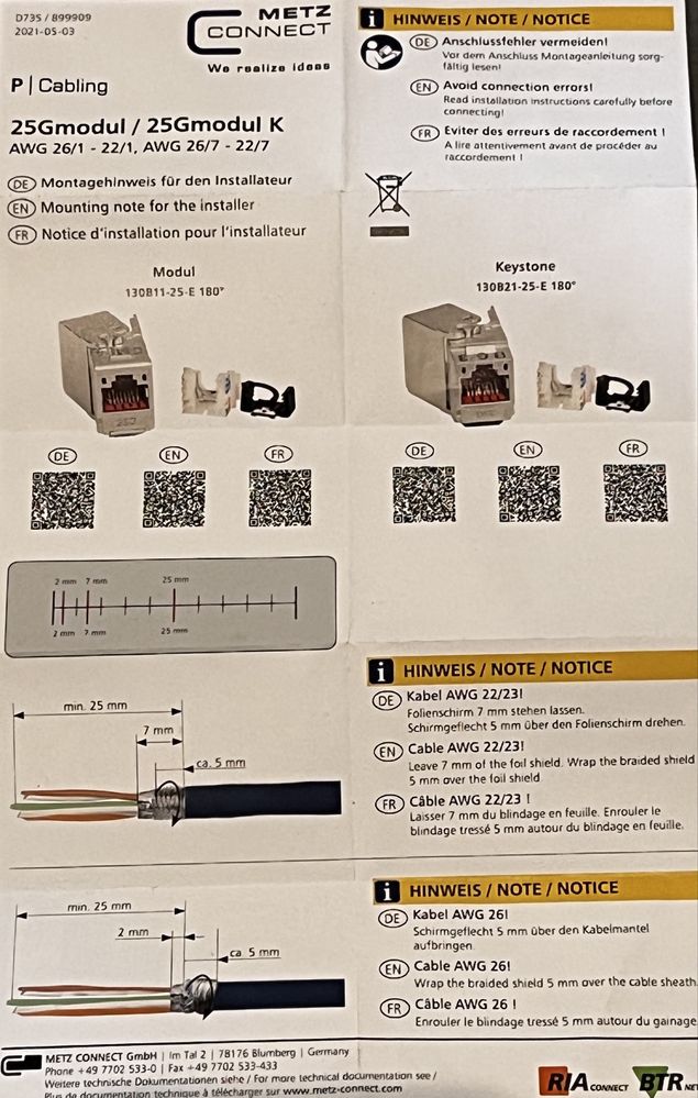 Moduł Cat.6A (klasa EA), 180° gniazda rj45