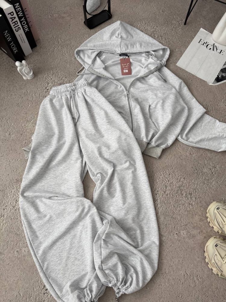 Жіночий костюм штани і худі кофтазіпка сірий Oversize 42-46 двохнитка