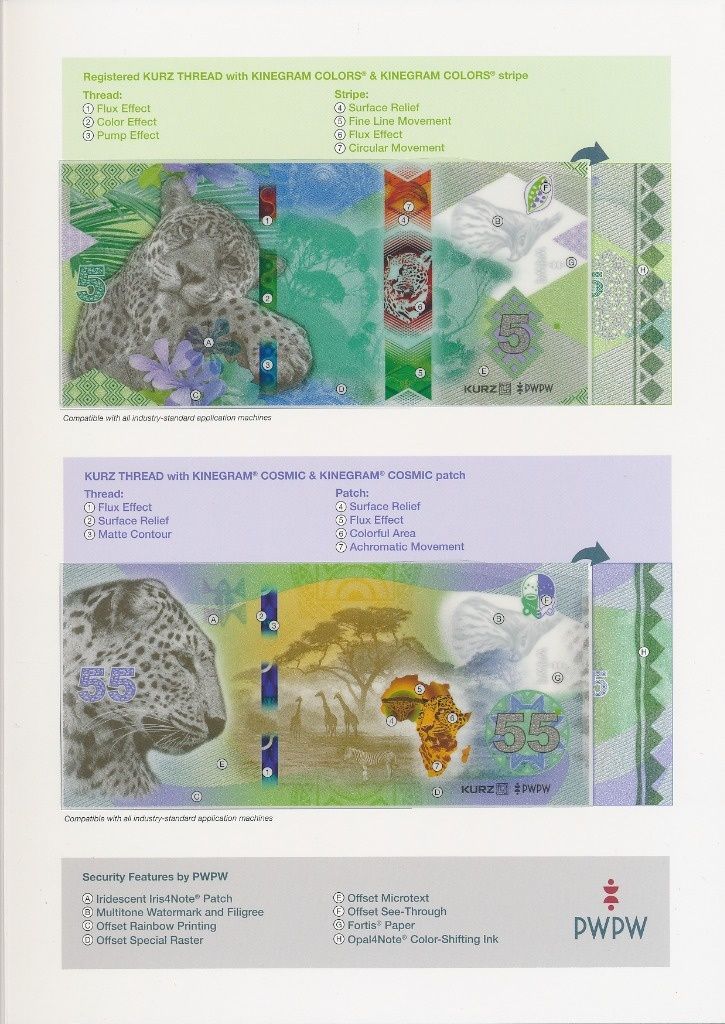 Zestaw 2 banknotów testowych PWPW Afryka 5 i 55 - Wersja Kurz