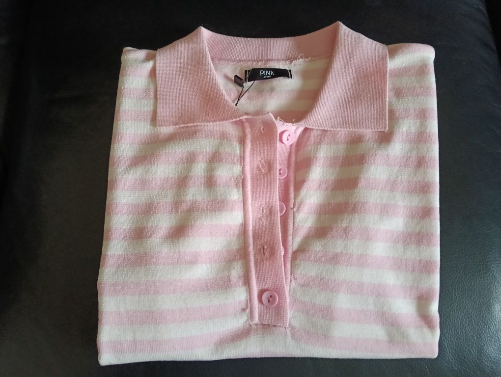 Polo de senhora em rosa claro e branco