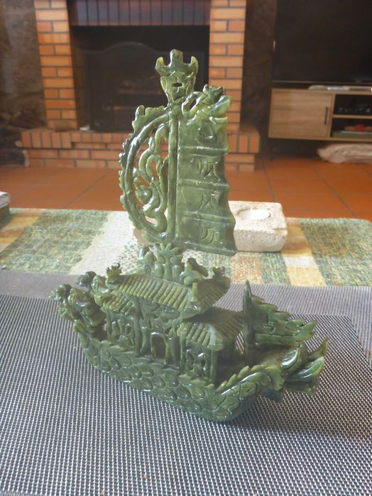 Vintage Barco de Jade Verde Cultura Chinesa do Dragão ESCULPIDO Á MÃO