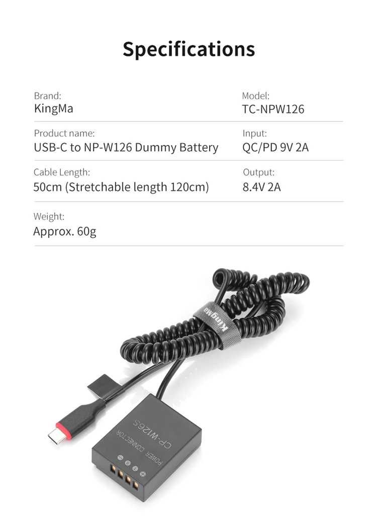 KingMa NP-W126 W126S USB-C Type C Dummy Battery батарея пустишка