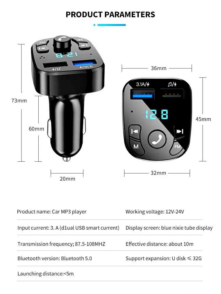 FM модулятор с Bluetooth, MP3, вольтметр, зарядка 3.1 A новый