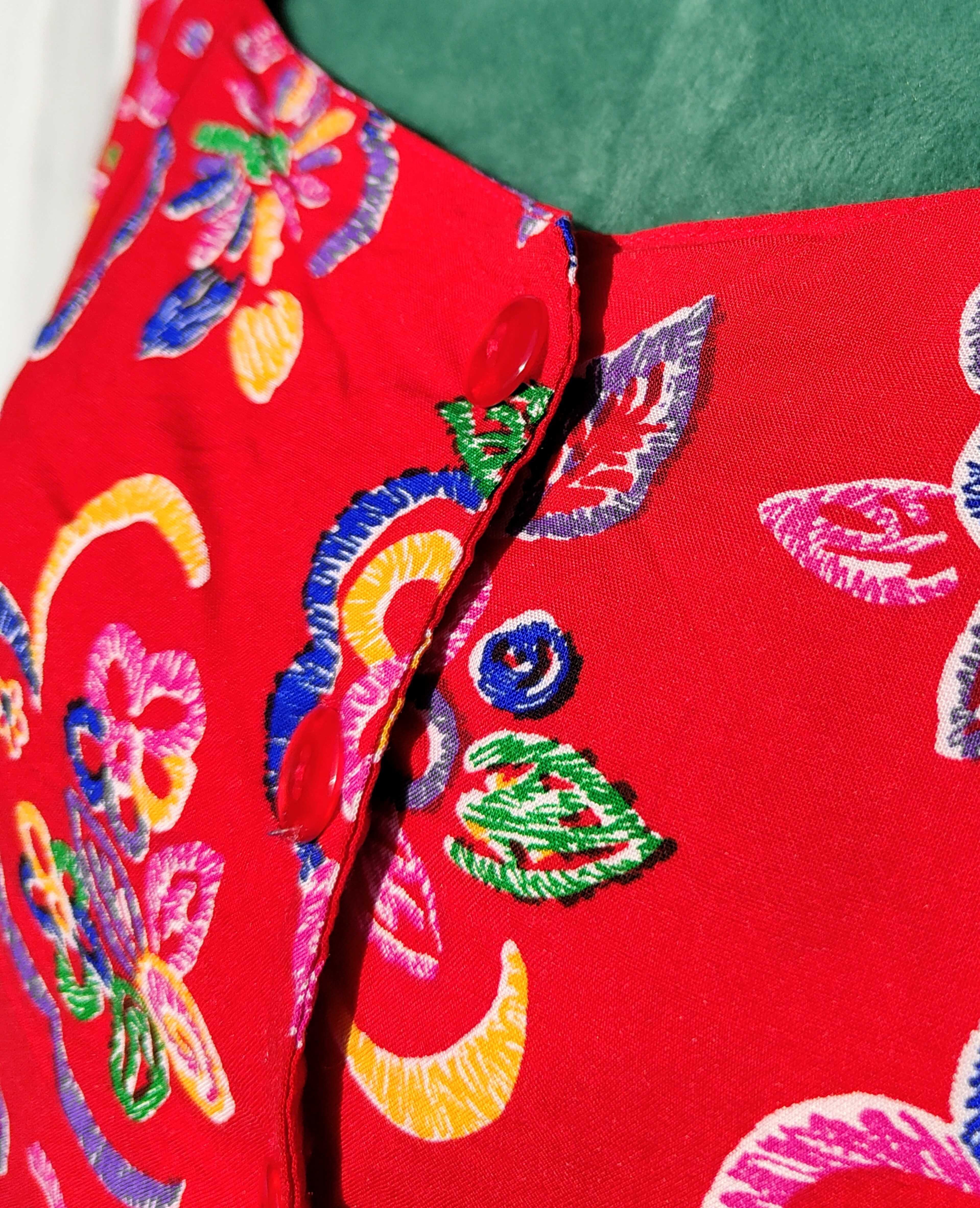Kolorowa sukienka czerwona vintage retro XL 42 L 40 wiskoza lata 80