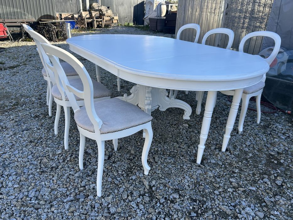 Stylowy stol rozkladany bialy z krzeslami