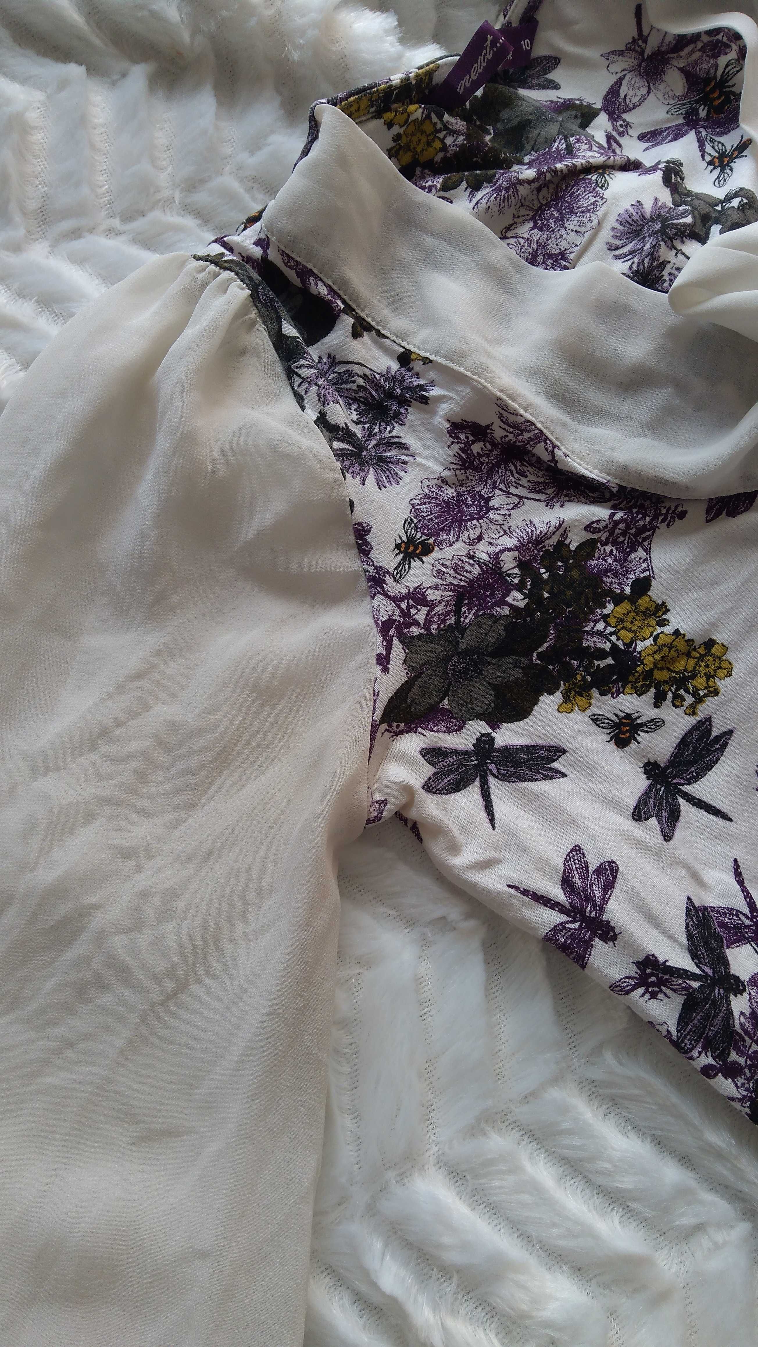 Bluzka Next wiązana pod szyją szerokie rękawy w kwiaty elegancka krem