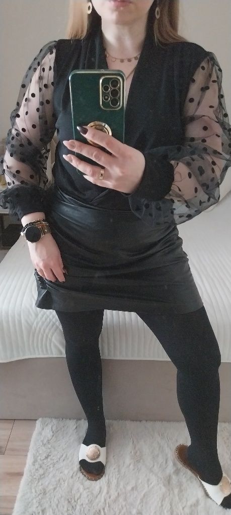 Body czarne L/XL tiulowe tiulowe rękawy