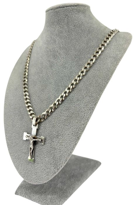 Masywny Srebrny Łańcuszek z Krzyżykiem Pancerka 49.76G 925 50CM