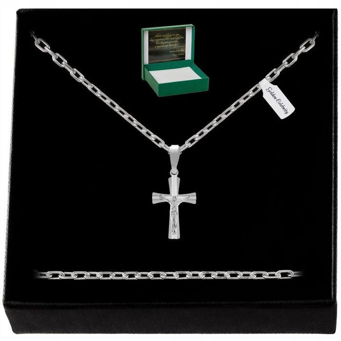 Elegancki Srebrny Łańcuszek Ankier + Krzyżyk Jezus 925 Prezent Dla Chł
